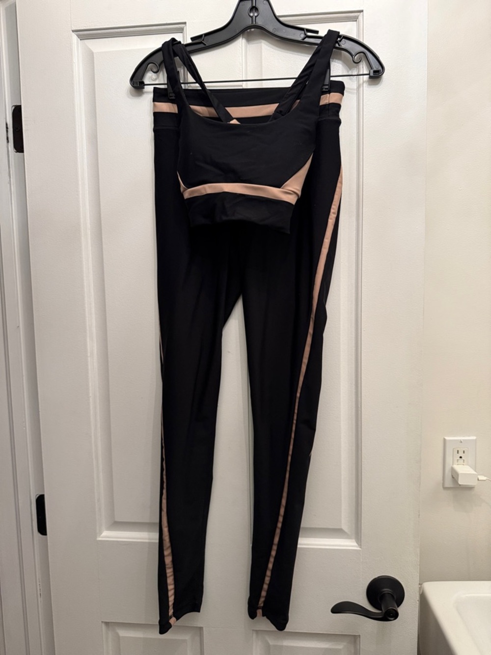 The Upside Black Leggings and Crop Top with Nude Trim